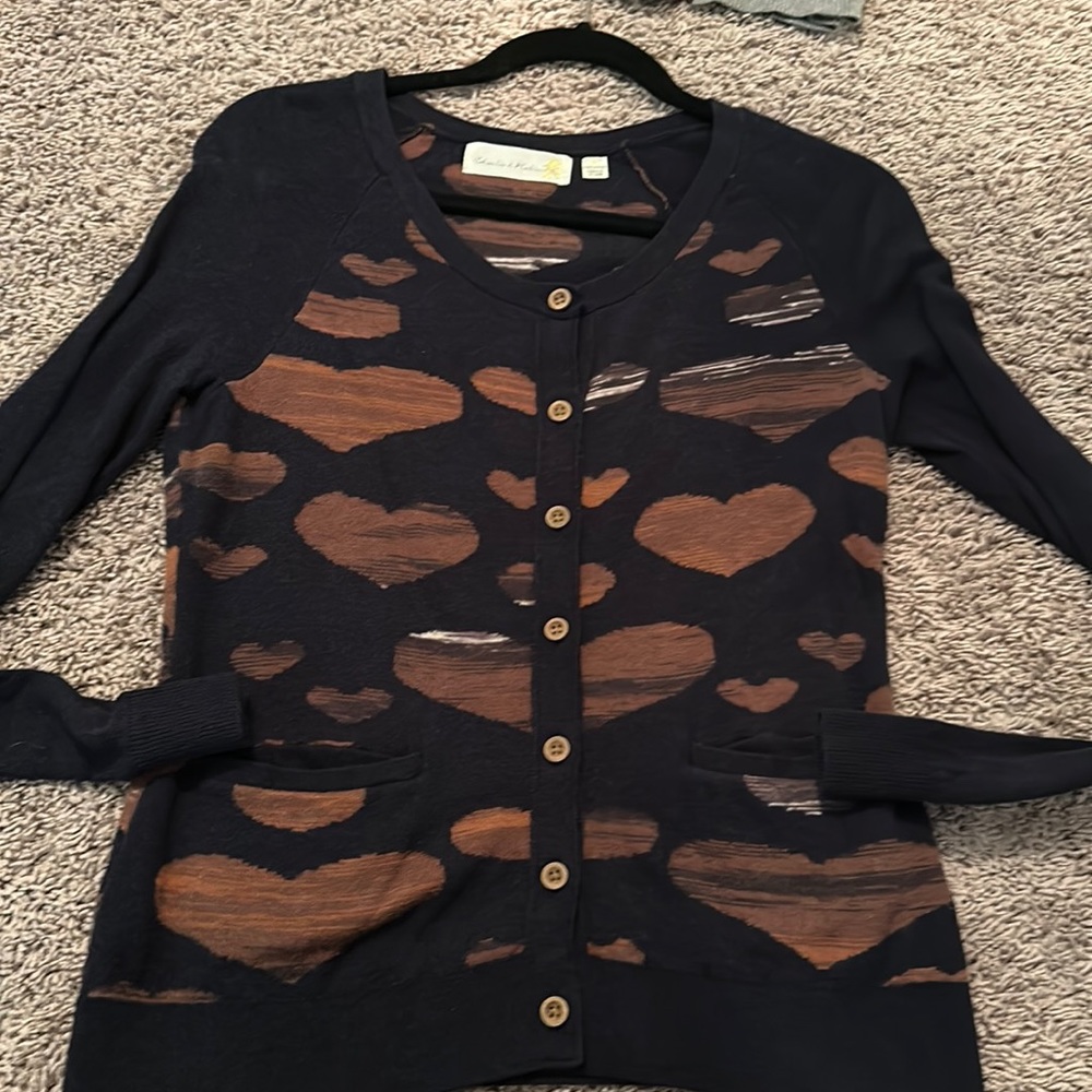 Anthropologie Charlie & robin navy heart cardigan button down sweater medium m